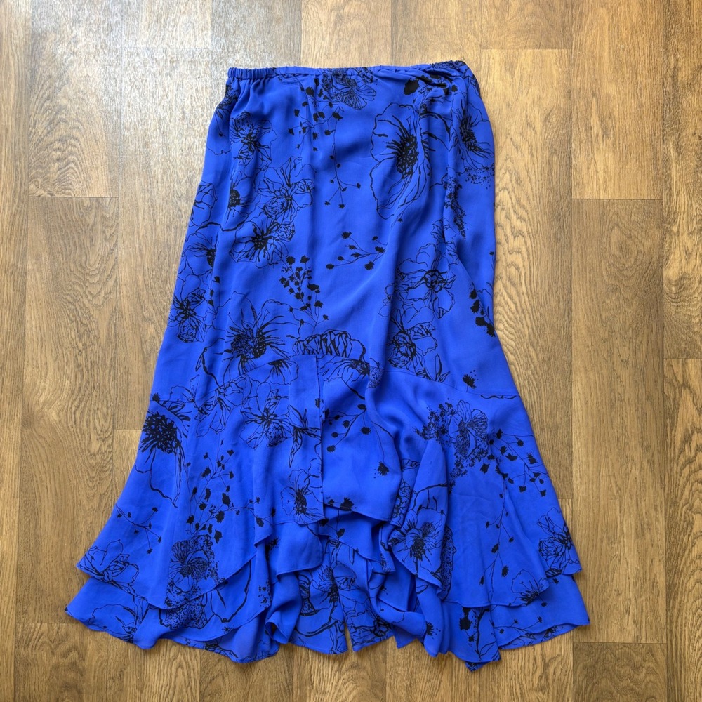 Vtg 1990's Chicos Womens Glam Style 100% Silk Blue Floral Lightweight Maxi Skirt